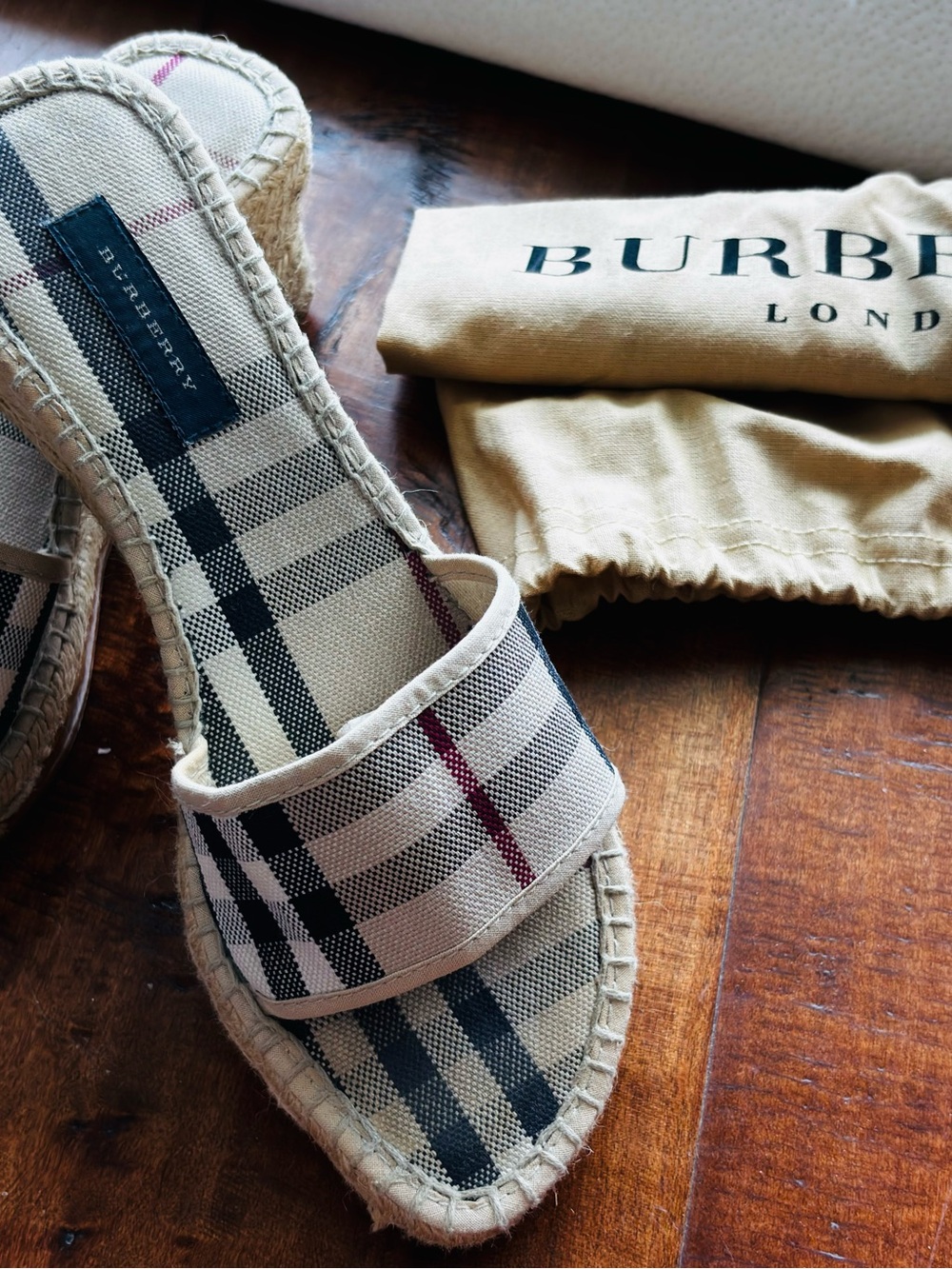 Burberry Beige Nova Check Espadrille Slide with Black/Red Accents with Dust Bag